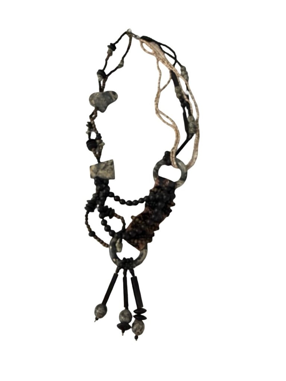 Vintage Boho Statement Necklace Mixed Media Beaded Fringe Tribal Style 26”